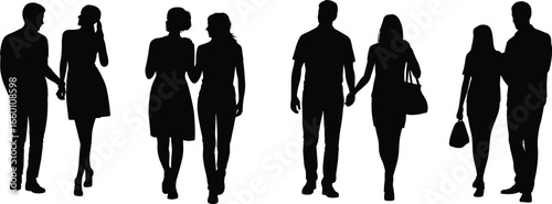 Silhouettes of romantic couples walking, holding hands, standing close, relationship moments, love, dating, connection, intimacy, fashion pose