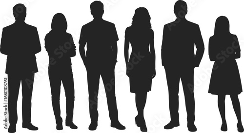 Silhouettes of stylish people in formal and casual wear, standing together, black and white vector illustration, fashion and business concept