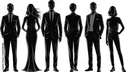 Silhouettes of stylish people in formal and casual wear, standing together, black and white vector illustration, fashion and business concept