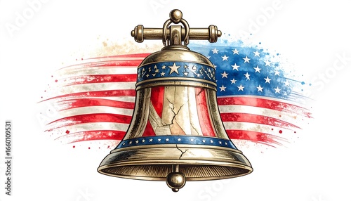 A detailed illustration of a historical bell, decorated with the American flag's colors and design, set against a backdrop of a stylized, painted American flag.