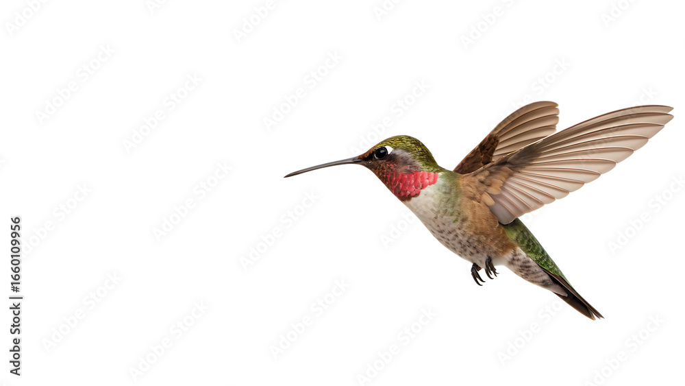 Fototapeta premium Hummingbird in bird flight near flower – cut out isolated PNG. AI GENERATED.