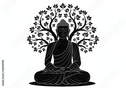 A minimalist line art black silhouette of Lord Buddha in a seated meditation pose under the Bodhi Tree, set against white background. A concept of spiritual awakening and enlightenment. Vector Image.