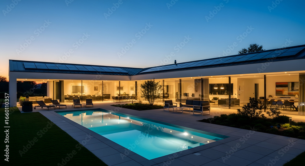 Fototapeta premium Modern luxury villa with swimming pool and garden at dusk