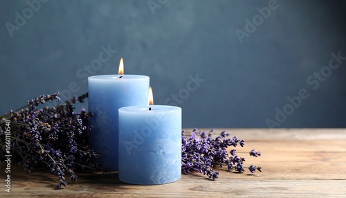 Two lit, light-blue candles sit amidst a collection of dried lavender on a rustic wooden surface, creating a peaceful and calming ambiance.
