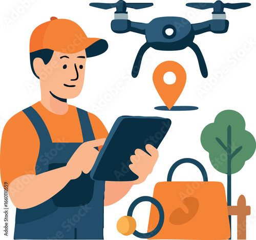 An illustration of a delivery worker controlling a drone with a tablet, showing a location pin, delivery bag, and tree in the background.