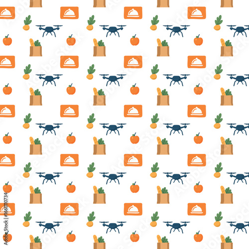 The image shows a seamless pattern with repeating illustrations of drones, grocery bags, apples, turnips, and food delivery icons, representing technology-driven food delivery and agriculture.