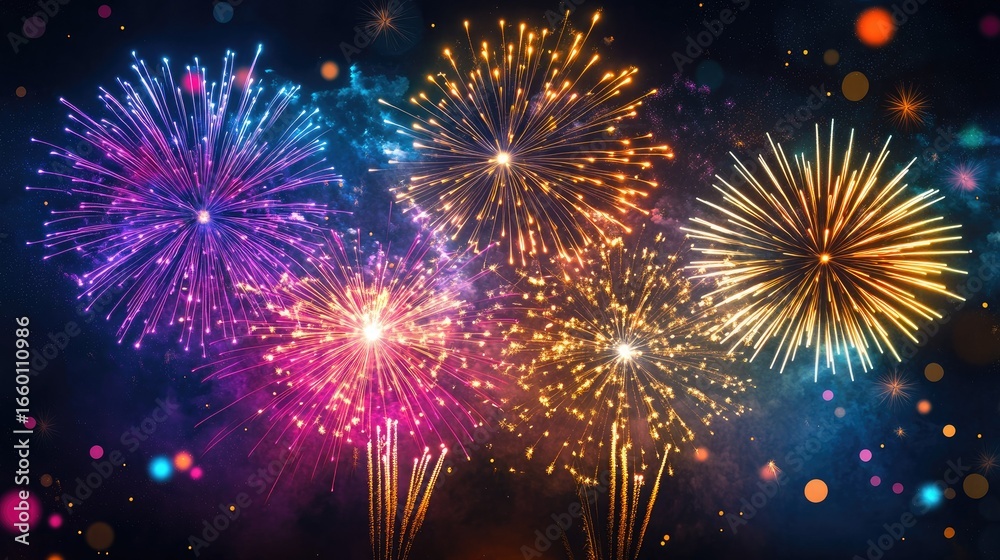 Fototapeta premium Colorful round fireworks exploding against dark night sky, illuminating the surroundings with bright sparks and festive energy