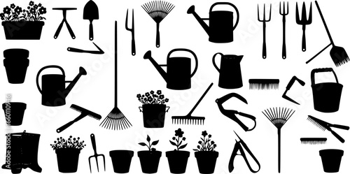 Collection of various gardening tools including watering cans rakes and flower pots in black silhouette | editable eps vectors