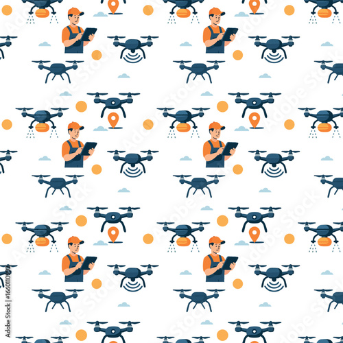 The image shows a seamless pattern of a farmer using a tablet to control agricultural drones for tasks like spraying, mapping, and delivery, symbolizing smart farming technology.