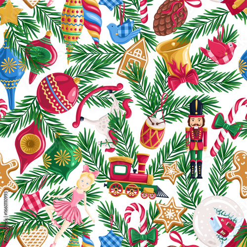 Christmas toys on white background. Seamless pattern.Texture for fabric, wrapping, wallpaper