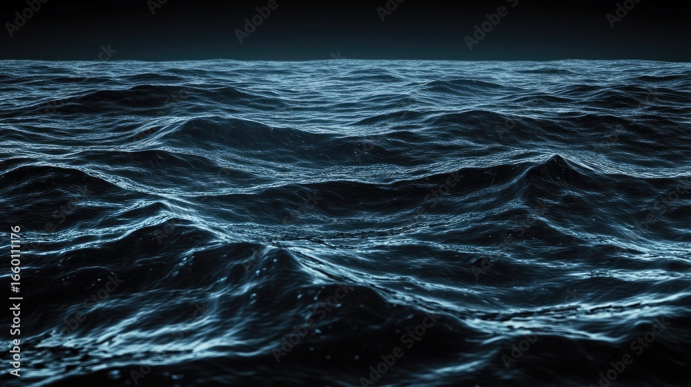 Fototapeta premium Dark ocean surface with small rippling waves under glowing night sky, representing depth, mystery, and eternal rhythm of the sea