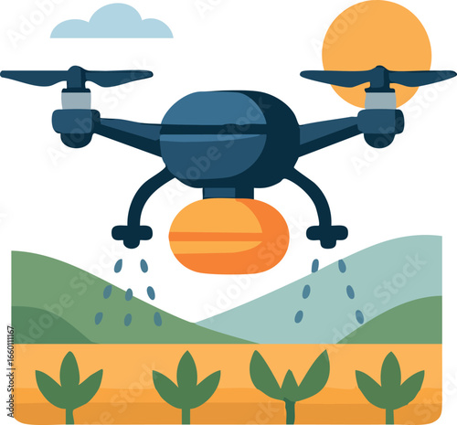 The image shows a drone spraying water over crops in a farm field with hills and plants in the background.