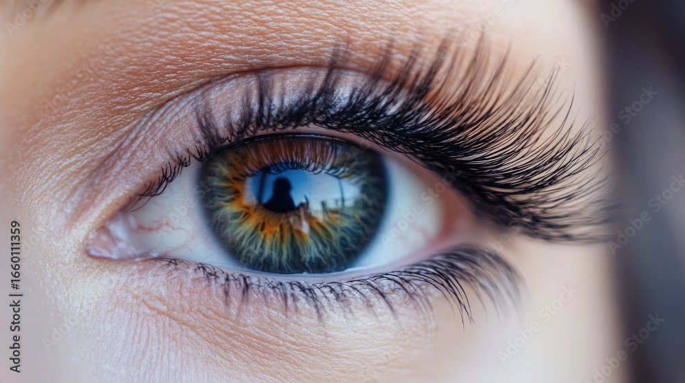 Obraz premium Detailed view of eye and eyelash extensions, focusing on lashes' length and volume against smooth skin background
