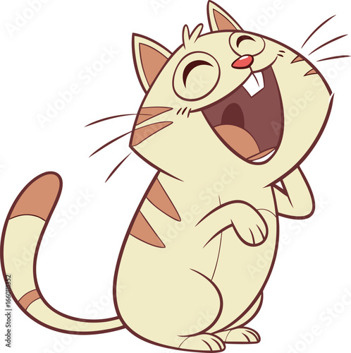 Joyful cartoon tabby cat laughing hysterically. A cute and funny animal character illustration isolated on a white background.