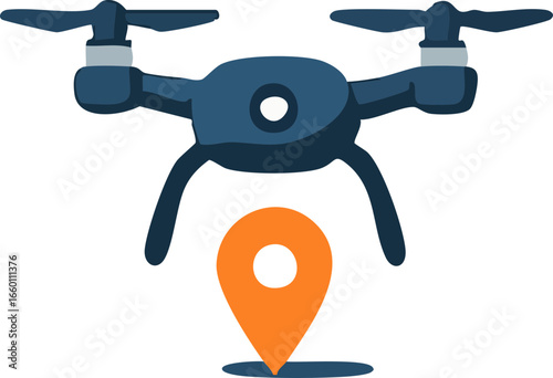 The image shows a dark blue drone hovering above an orange location pin, symbolizing GPS-based drone delivery or navigation.