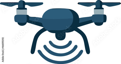 The image shows a flat illustration of a blue drone with four propellers, flying and emitting curved signal waves beneath it to represent scanning, communication, or sensor activity.