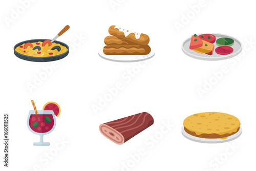 Paella and sweets set, seafood pan, churros, sangria, jamon, pizza slice style, dessert wedge, cuisine icons, vector pack