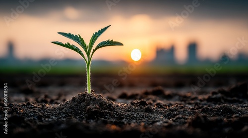 A sprouting plant emerges from dark soil in the foreground with an urban skyline under a sunset sky in the background,