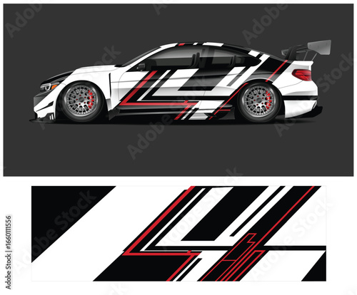 White Sports Car with Black and Red Graphics Wrap Design Illustration