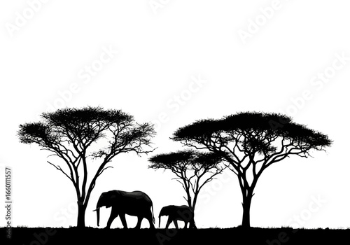 Vector art of silhouette of a mother elephant and her calf walking in the savanna with acacia trees against a