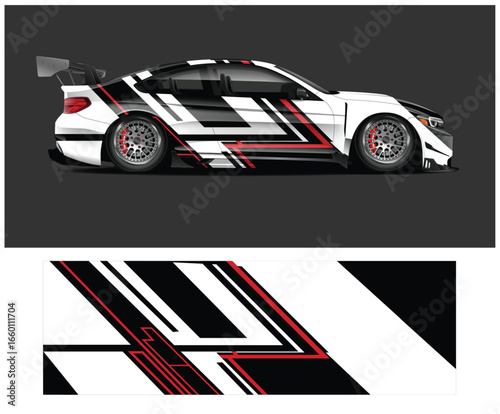 Sleek White Sports Car with Modern Black and Red Geometric Vinyl Wrap