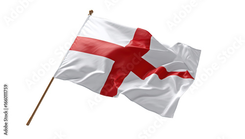 Waving white flag with a red cross on a wooden pole