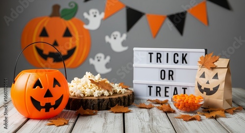 Halloween decorations with a trick or treat sign pumpkin bucket popcorn and candy