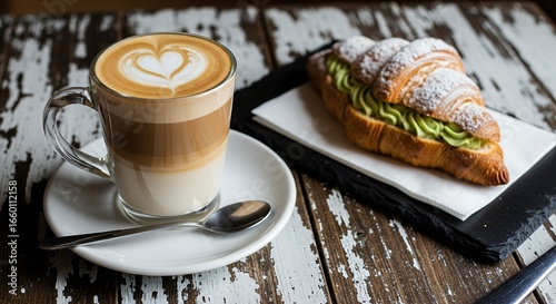 A layered latte with heart art sits next to a croissant filled with green cream on a rustic wooden table