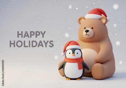 A cartoon bear and penguin wearing Santa hats with snowflakes in the background