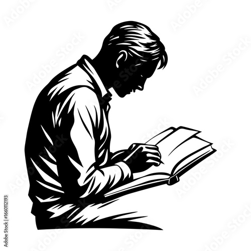 Silhouette of man reading book in deep focus dramatic black and white artistic portrait of contemplation and intellectual pursuit