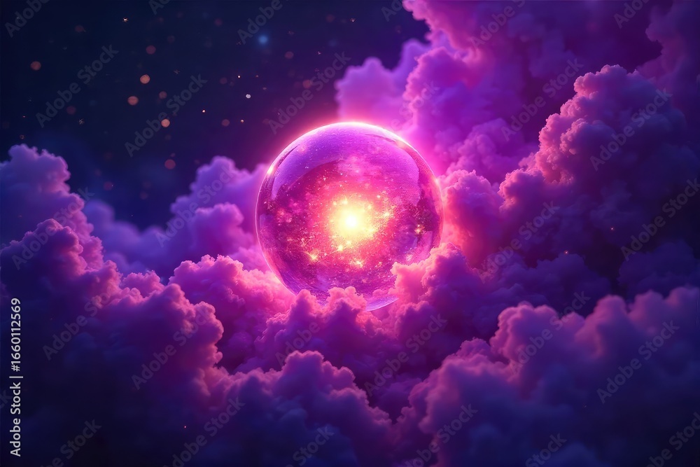 Obraz premium A mystical, glowing orb floats amidst swirling purple and gold magical energy, ethereal and enchanting Perfect for fantasy, witchcraft, or cosmic themes , dreamlike, glow