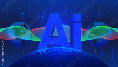 Vector abstract futuristic tech banner. 3d abbreviation Ai. Artificial intelligence. Colored wavy lines, hemispheres of planet Earth. Deep digital glowing space. Blue laser rays. Computer technology