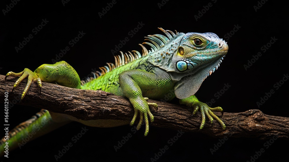 Fototapeta premium Green iguana sitting calmly on branch, isolated on black background, emphasizing reptile features and exotic wildlife detail