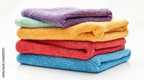 Group of microfiber towels stacked in different colors, isolated on white background, representing eco-friendly reusable cleaning options