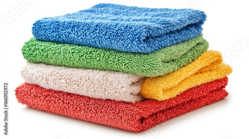 Group of microfiber towels stacked in different colors, isolated on white background, representing eco-friendly reusable cleaning options