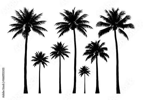 Vector art of collection of palm tree silhouettes, representing tropical destinations and summer vacation vibes