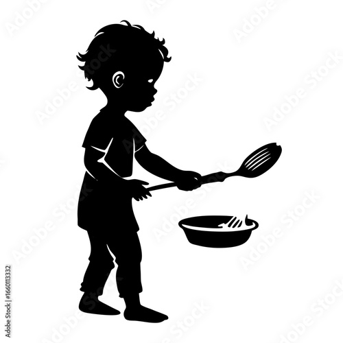 Child silhouette holding slotted spoon with bowl imaginative culinary play playful childhood cooking adventure black white art