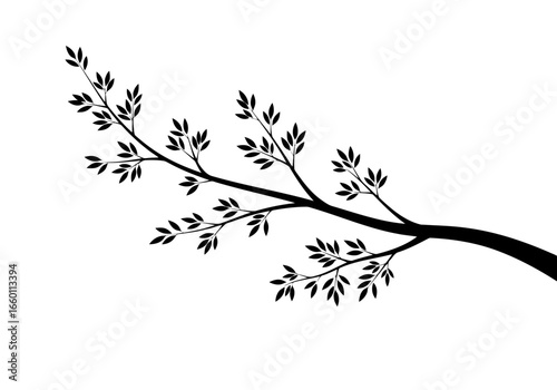 Vector art of black silhouette of a tree branch with leaves, symbolizing nature and growth