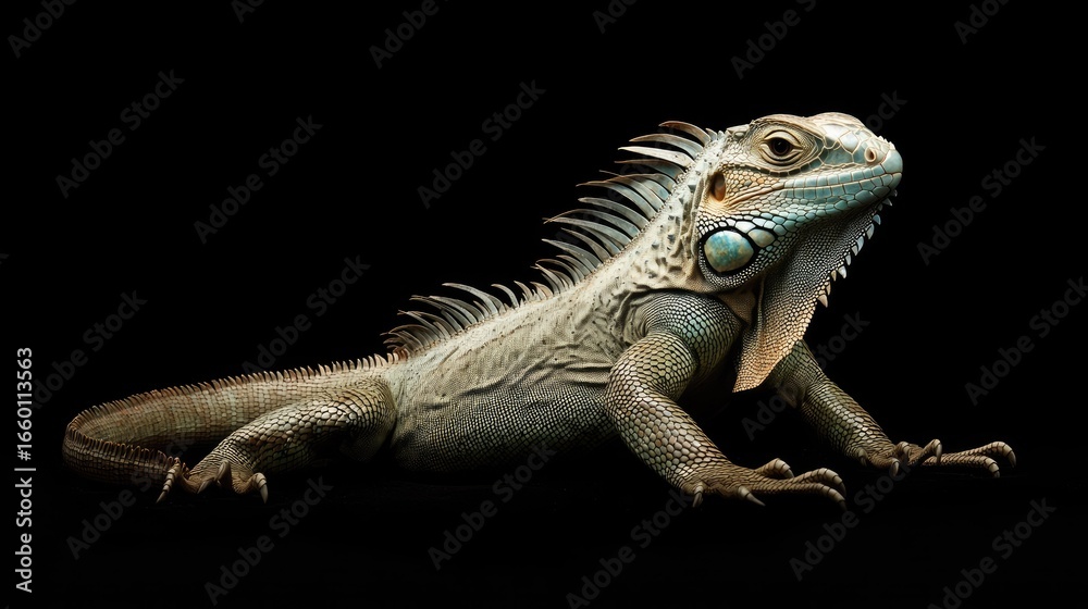 Obraz premium Iguana isolated on deep black background, fully visible body and tail, emphasizing reptile anatomy and exotic appearance