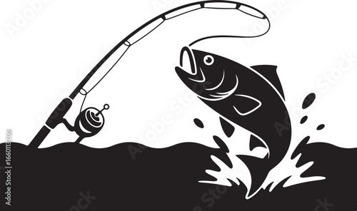 Vector art of fishing rod and fish jumping out of water, vector illustration in black and white for sport and recreation