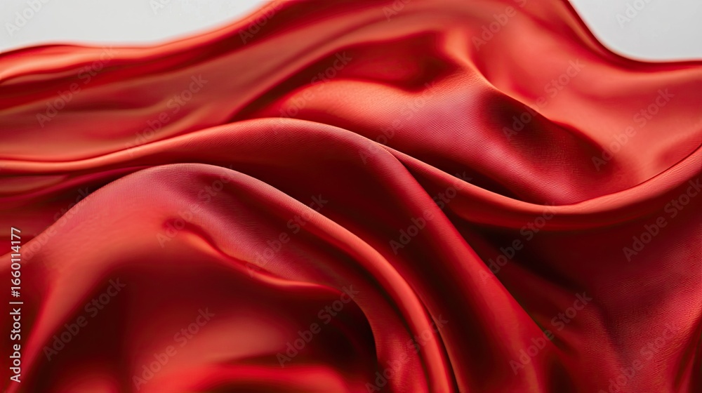 Obraz premium Luxurious red satin fabric floating in wind with natural folds, set against clean light background for fashion and design concepts