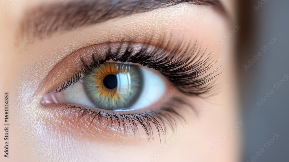 Obraz premium Macro shot of a female eye with perfectly applied eyelash extensions, showing texture, curl, and glossy finish