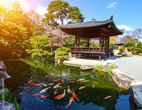 Wallpaper Mural Serene Japanese Teahouse by Koi Pond
 Torontodigital.ca