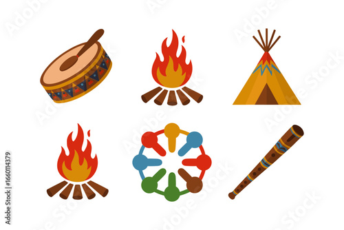 Tribal camping icons, hand drum campfire teepee totem flower club, rustic outdoor festival vector set