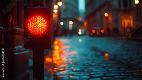 Red Traffic Light In A Rainy City Night