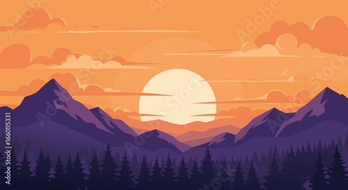 A beautiful flat design vector illustration of a tranquil mountain landscape at dusk, showcasing a vibrant orange and yellow sky over layered peaks and a forest silhouette.