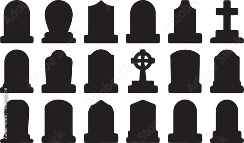 Vector art of collection of tombstone silhouettes, representing death, remembrance, and the passage of time in a graveyard setting