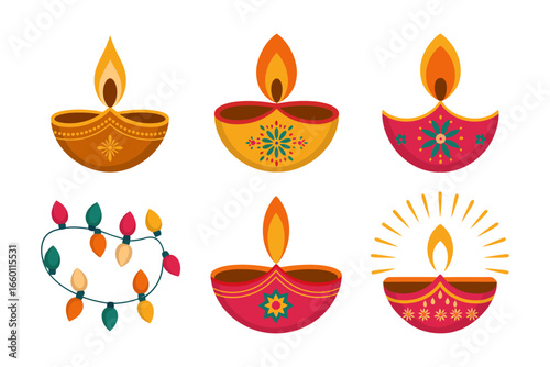 Colorful diya bundle, oil lamp set with garland lights and lotus motif, celebration elements, vector illustration