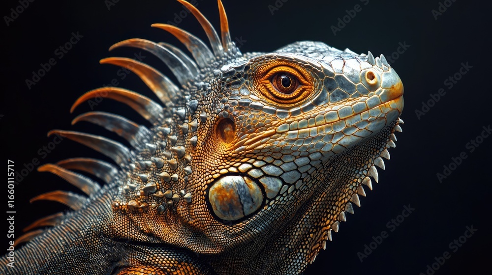 Fototapeta premium Side view of iguana on dark background, showcasing textured scales, spines, and vivid eye, perfect for wildlife photography