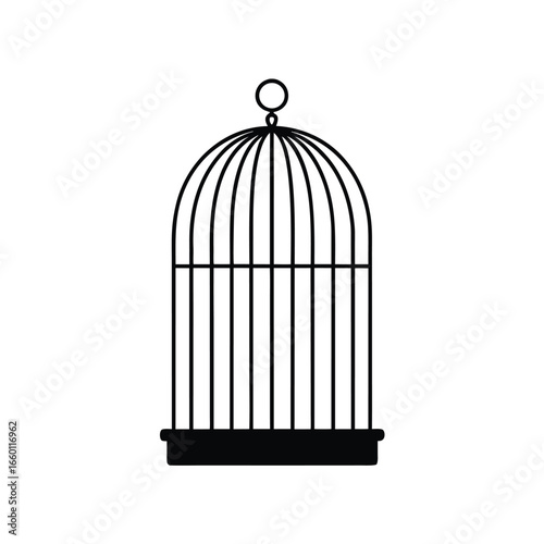 Black silhouette of an ornate birdcage with a round top and hanging ring on a white background